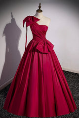 Burgundy Satin Long Prom Dresses, One Shoulder Evening Dresses with Bow