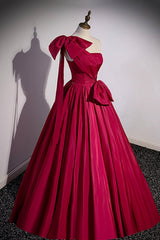 Burgundy Satin Long Prom Dresses, One Shoulder Evening Dresses with Bow