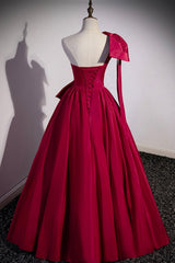 Burgundy Satin Long Prom Dresses, One Shoulder Evening Dresses with Bow