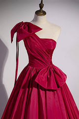 Burgundy Satin Long Prom Dresses, One Shoulder Evening Dresses with Bow