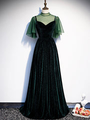 Green Velvet Long Prom Dresses, Elegant A-Line Green Evening Dresses