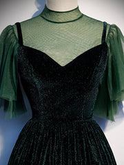 Green Velvet Long Prom Dresses, Elegant A-Line Green Evening Dresses