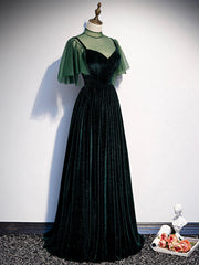 Green Velvet Long Prom Dresses, Elegant A-Line Green Evening Dresses