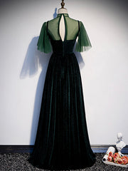 Green Velvet Long Prom Dresses, Elegant A-Line Green Evening Dresses