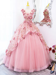 Pink Tulle Long Prom Dresses with Flowers, Beautiful A-Line Sweet 16 Dresses