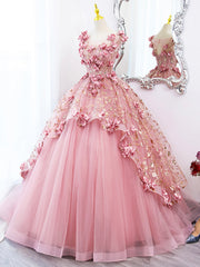 Pink Tulle Long Prom Dresses with Flowers, Beautiful A-Line Sweet 16 Dresses