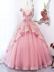 Pink Tulle Long Prom Dresses with Flowers, Beautiful A-Line Sweet 16 Dresses