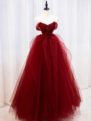 Burgundy Sweetheart Tulle Long Prom Dresses with Beaded, Burgundy Party Dresses