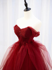 Burgundy Sweetheart Tulle Long Prom Dresses with Beaded, Burgundy Party Dresses