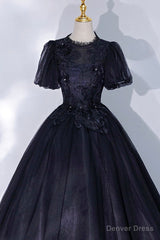 Black Tulle Lace Long A-Line Prom Dress, A-Line Short Sleeve Evening Gown