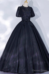 Black Tulle Lace Long A-Line Prom Dress, A-Line Short Sleeve Evening Gown