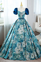 Blue Printed Long A-Line Prom Dresses, Elegant Short Sleeve Formal Dresses