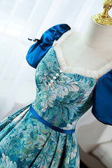 Blue Printed Long A-Line Prom Dresses, Elegant Short Sleeve Formal Dresses