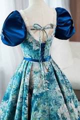 Blue Printed Long A-Line Prom Dresses, Elegant Short Sleeve Formal Dresses