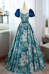 Blue Printed Long A-Line Prom Dresses, Elegant Short Sleeve Formal Dresses