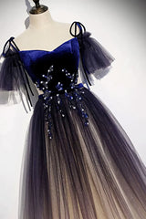 Velvet and Gradient Tulle Long Party Dresses, Straps Long Evening Gown