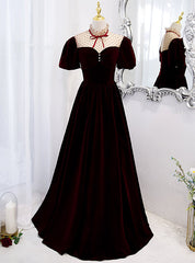 Velvet Puff Sleeve High Neck Backless Prom Dresses