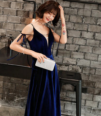 Velvet Straps Long V-neckline Long Party Dresses, Velvet Bridesmaid Dresses