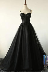 Charming Black Spaghetti Straps Sweetheart Tulle Evening Dresses Formal Dresses