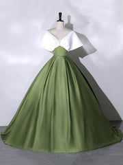 White+Green Satin Floor Length Prom Dresses, V-Neck Off the Shoulder Evening Dresses