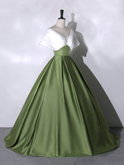 White+Green Satin Floor Length Prom Dresses, V-Neck Off the Shoulder Evening Dresses