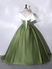 White+Green Satin Floor Length Prom Dresses, V-Neck Off the Shoulder Evening Dresses