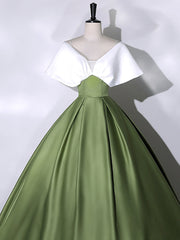 White+Green Satin Floor Length Prom Dresses, V-Neck Off the Shoulder Evening Dresses