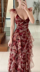 Vintage Chiffon Print Irregular Ruffles Long Prom Dresses A Line Evening Party Dresses