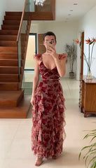 Vintage Chiffon Print Irregular Ruffles Long Prom Dresses A Line Evening Party Dresses