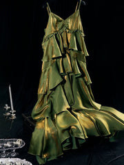 Vintage Green Tiered Flounce Long Prom Dresses Party Evening Gown