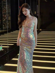 Vintage Mermaid Straps Sequin Backless Long Birthday Dresses Prom Dresses