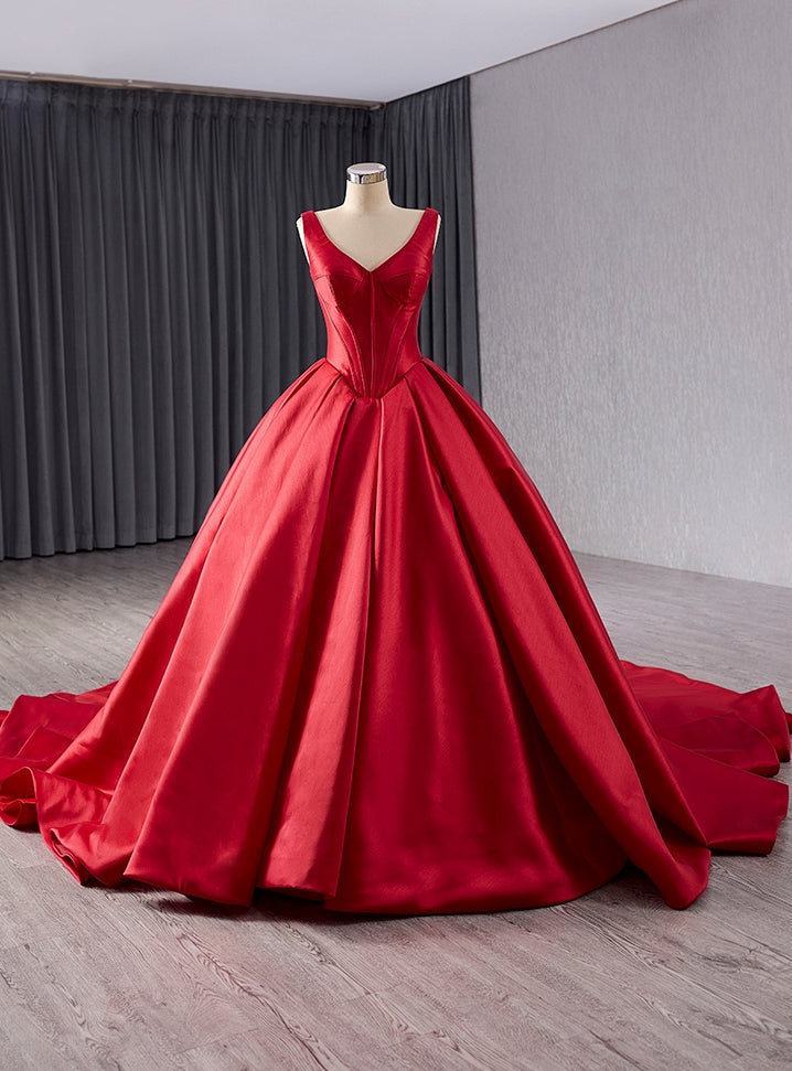 Vintage Red Satin V-neck Prom Dress