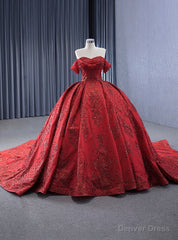 Vintage Red Tulle Sequins Off the Shoulder Pearls Prom Dress