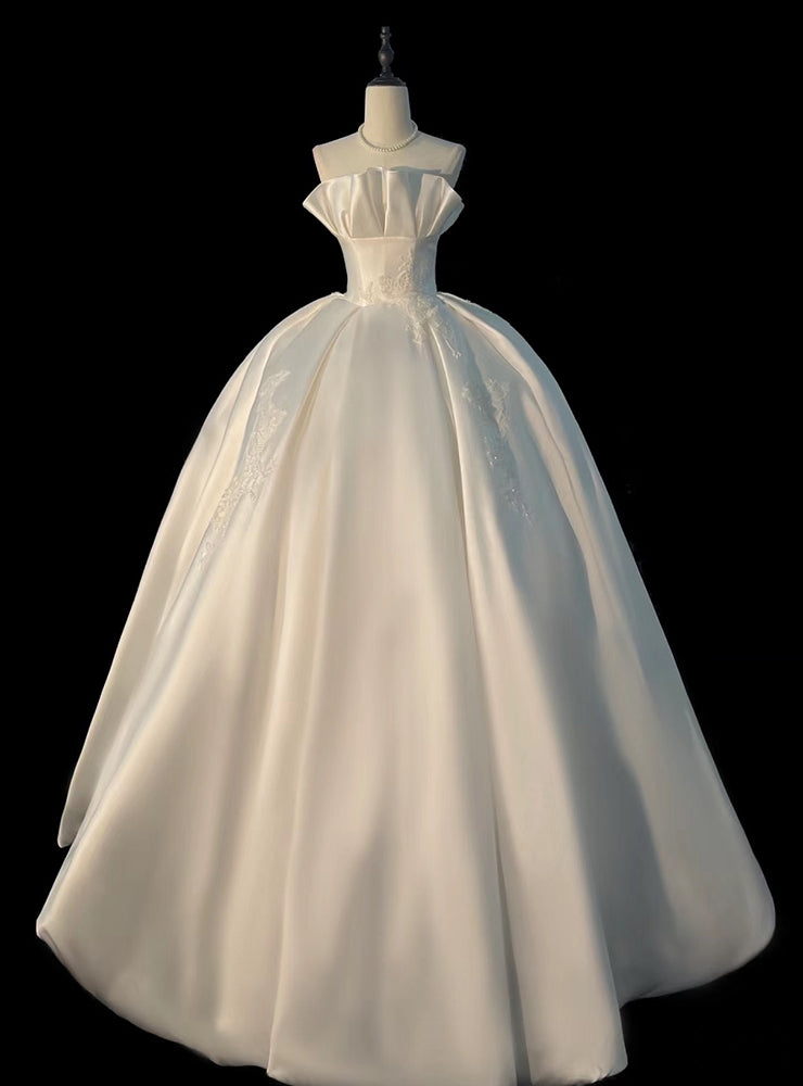 Vintage White Satin Strapless Appliques Wedding Dress