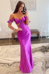 Violet Flutter Sleeve Cutout Mermaid Prom Dresses Fitted Gown