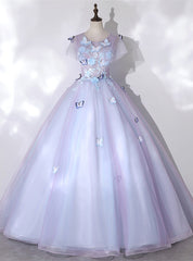 Violet Tulle Short Sleeve Appliques Quinceanera Dress