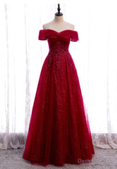 Burgundy Lace Long Prom Dresses, A-Line Off the Shoulder Evening Dresses