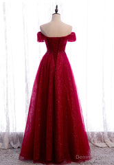 Burgundy Lace Long Prom Dresses, A-Line Off the Shoulder Evening Dresses