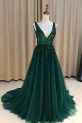 Chic A-Line V Neck Backless Dark Green Tulle Prom Dresses with Sequins Evening Dresses