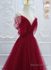 Wine Red Tulle V-Neckline Off Shoulder With Bow, Wine Red Tulle Long Prom Dress