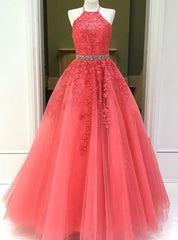 Watermelon Red Halter Tulle Appliques Prom Dresses