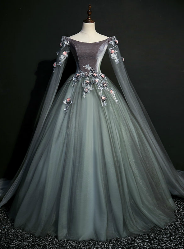 We Provide Gray Tulle Velvet Off the Shoulder Appliques Quinceanera Dress