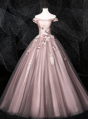 We Provide Pink Ball Gown Tulle Off the Shoulder Appliques Quinceanera Dresses