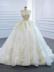 We Provide White Ball Gown Tulle V-neck Beading Sequins Wedding Dresses