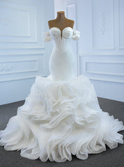 We Provide White Mermaid Satin Organza Sweetheart Pleats Wedding Dresses