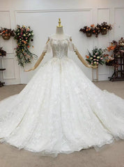 Wear a Classic Ivory White Ball Gown Tulle Lace Off the Shoulder Beading Wedding Dresses