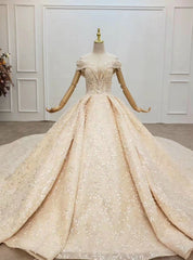 Whether You Are Looking For Luxury Champagne Ball Gown Tulle Sequins Appliques Off the Shoulder Wedding Dresses