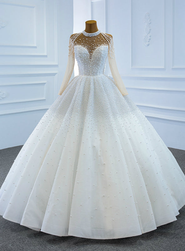 Whether You Are Looking For White High Neck Long Sleeve Tulle Pearls Floor Length Wedding Dress