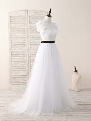 White A-Line Lace Tulle Long Prom Dresses, White Evening Dresses