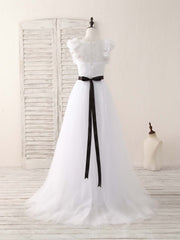 White A-Line Lace Tulle Long Prom Dresses, White Evening Dresses